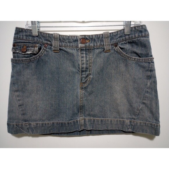 American Eagle Denim Mini Skirt Distressed Stone Wash Flap Pocket Womens Sz 10 - Picture 2 of 9